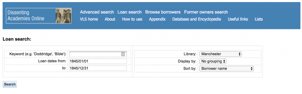 The Loan search page at Dissenting Academies Online