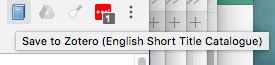 Screenshot of Zotero icon in Chrome browser, activated to save single result using English Short Title Catalogue translator